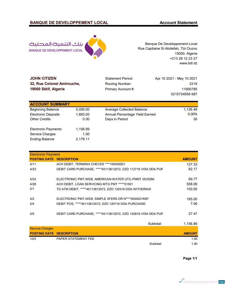 Download Algeria Banque De Developpement Local bank statement excel Photoshop template
